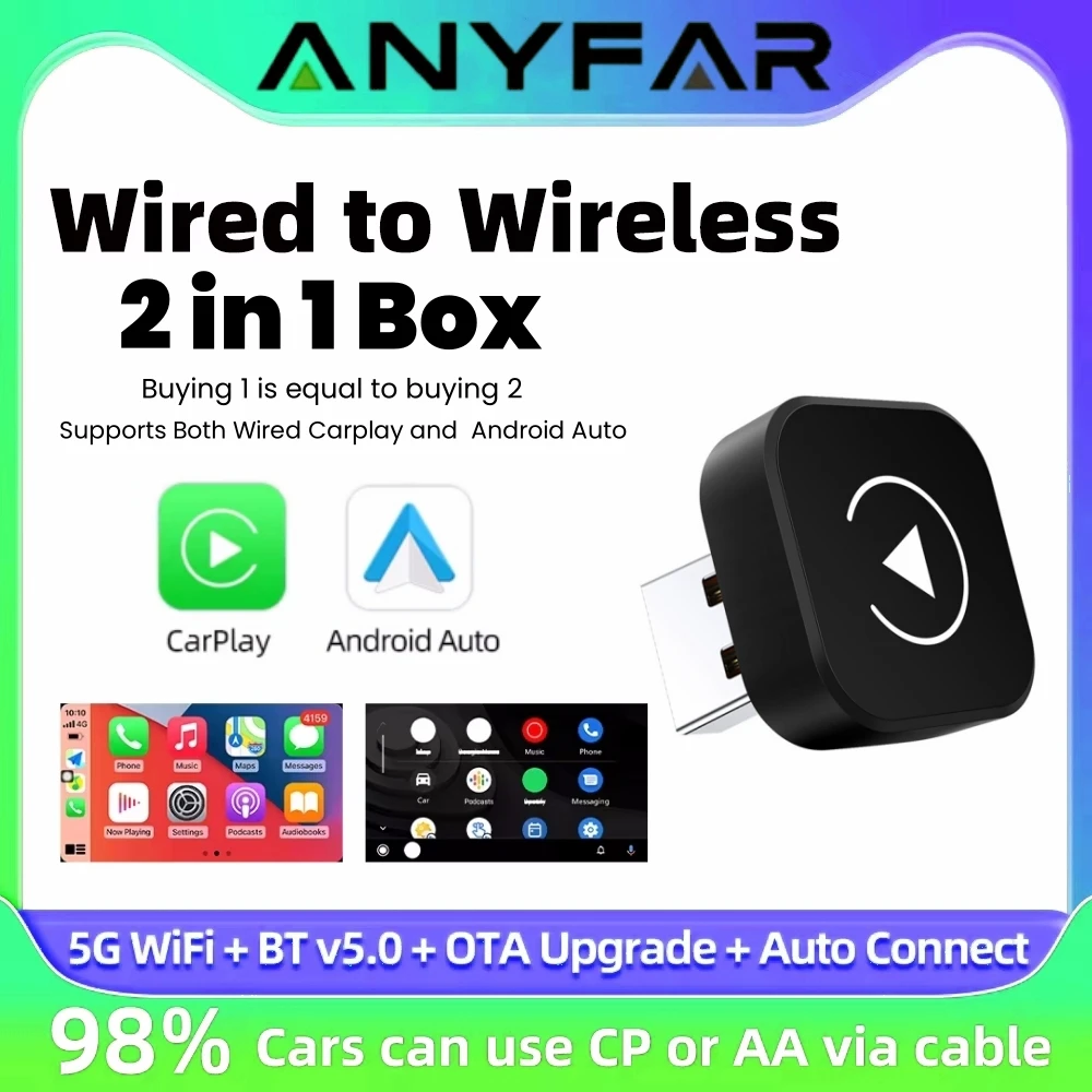 2 in1 Wired to Wireless CarPlay Android Auto Adapter for OEM Car Stereo With USB Dongle Smart Mini Box Plug and Play Bluetooth