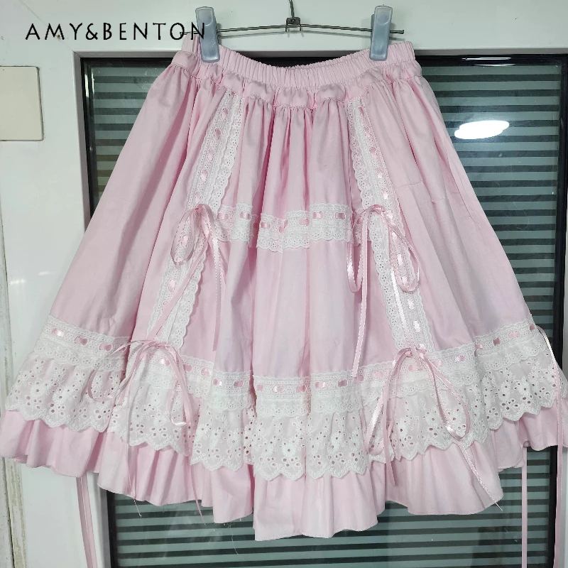 

Japanese Design Pink Cute Sweet Lolita Pure Cotton Women's Bottoming Skirt Autumn Winter New Lace Trim Bow Half Skirts Ladies