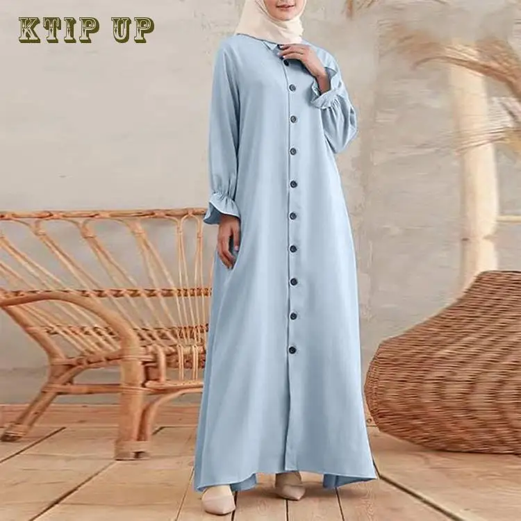 Ramadan Muslim Modest Dress for Women Elegant Arabic Female Dubai Abaya Eid Islamic Cardigan Round Neck Long Robe Turkey Clothes