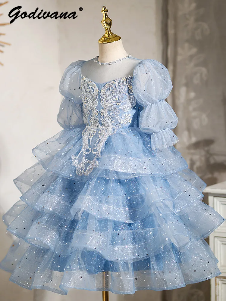 Little Girls Heavy Luxury Sequined Blue Princess Gown Girls High End Puff Sleeve Birthday Party Performance Mesh Cake Dresses