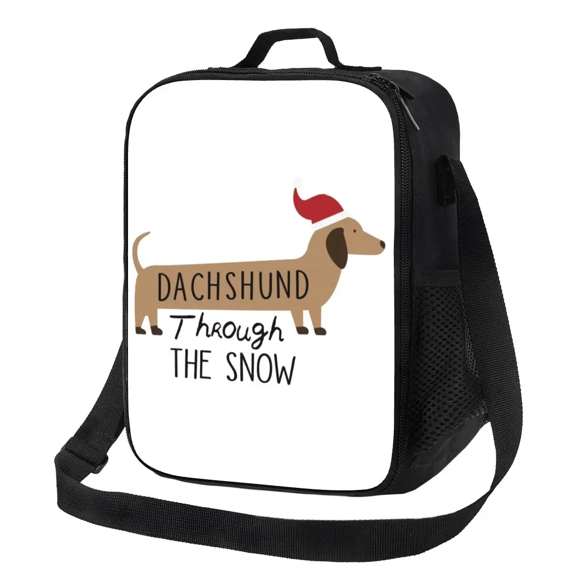 Christmas Dachshund Through The Snow Thermal Lunch Bags Puppy Sausage Dog Portable Lunch Tote for Multifunction Bento Food Box