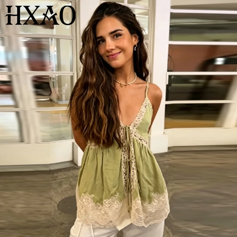 HXAO Grünes Spitzen-Slip-Top für Damen, Sommer 2026, modisches Bustier mit Schnürung, ärmellos, rückenfrei, Cami-Top für Strand und Resort
