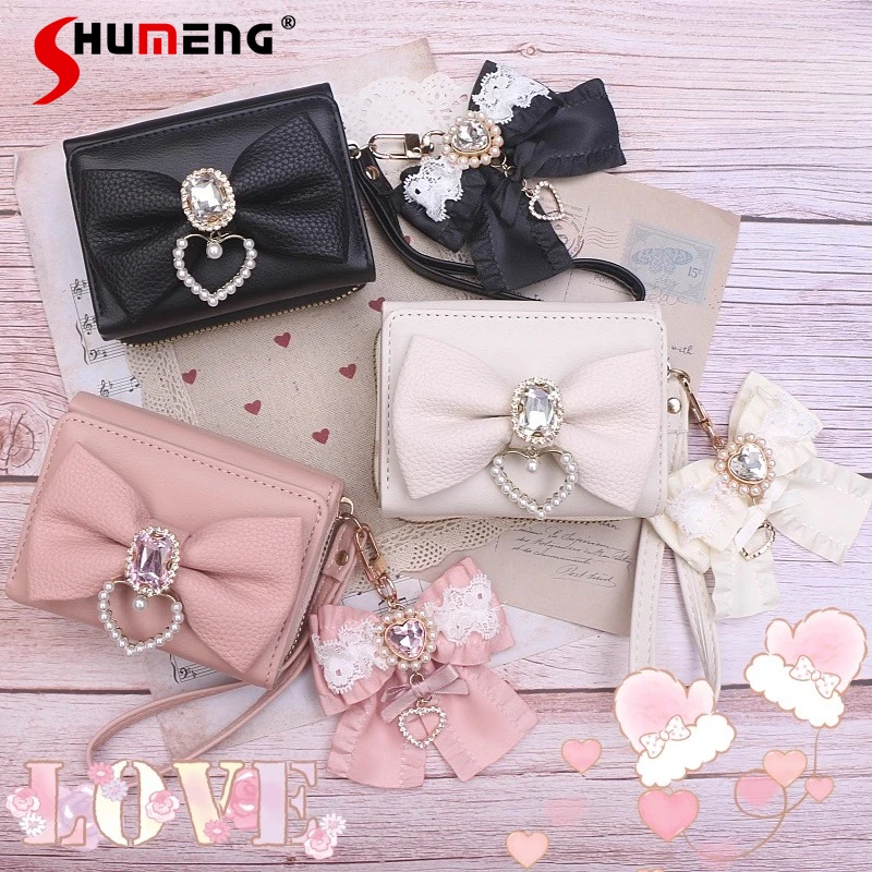 

Japanese Rojita Sweet Lace Trim Rhinestone Bow Pendant Large Capacity Wallet Women's Lolita Shopping Bags Clothing Accessories