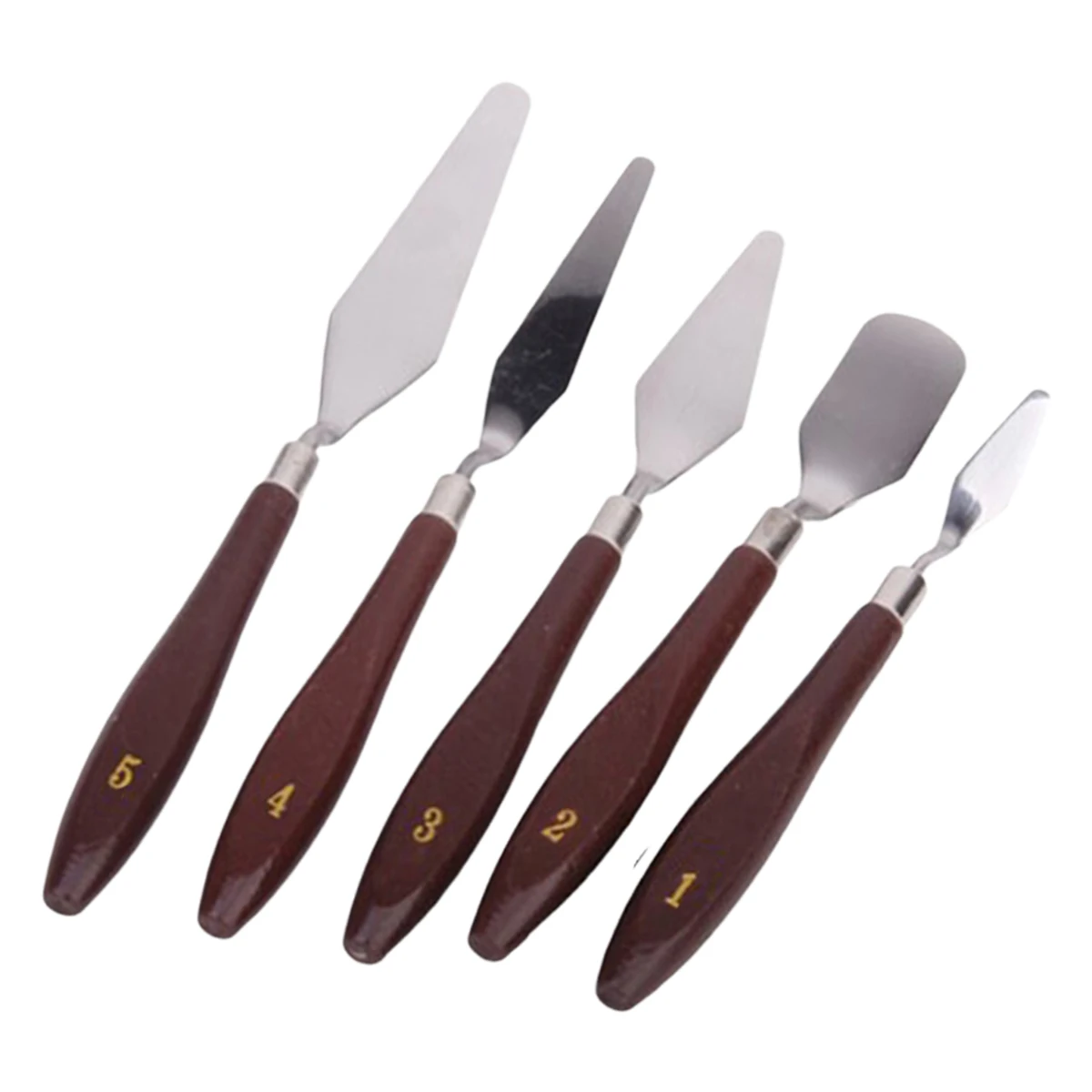 

5pcs Oil Painting Knife Set Stainless Steel Reddish Brown Silver Spatulas Canvas Palette Art Tools Mixed Paint Decor Details