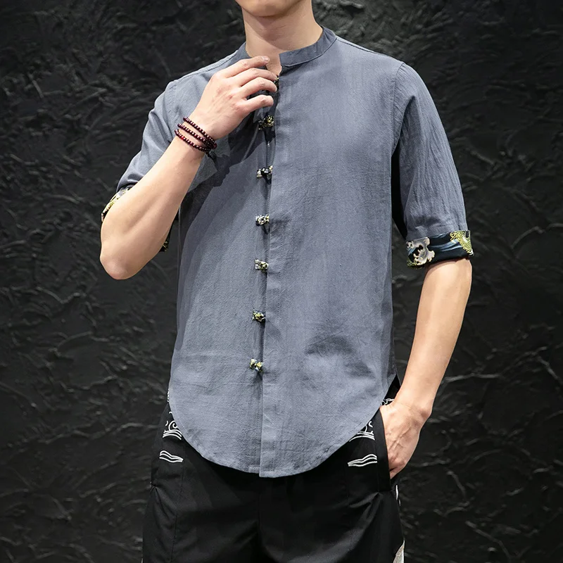 

Summer Cotton Line Short Sleeve Shirt For Men Chinese Style Plus Size Tang Suit 5XL Fashion Oversize Top Male