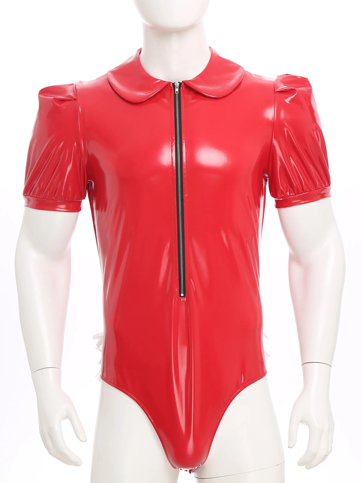 

Men's Cross-Dressing Shiny Leather Bodysuits Short Sleeve Lace Ruffled Trim Bodysuit for Nightclub Party Gays Role Play Outfits