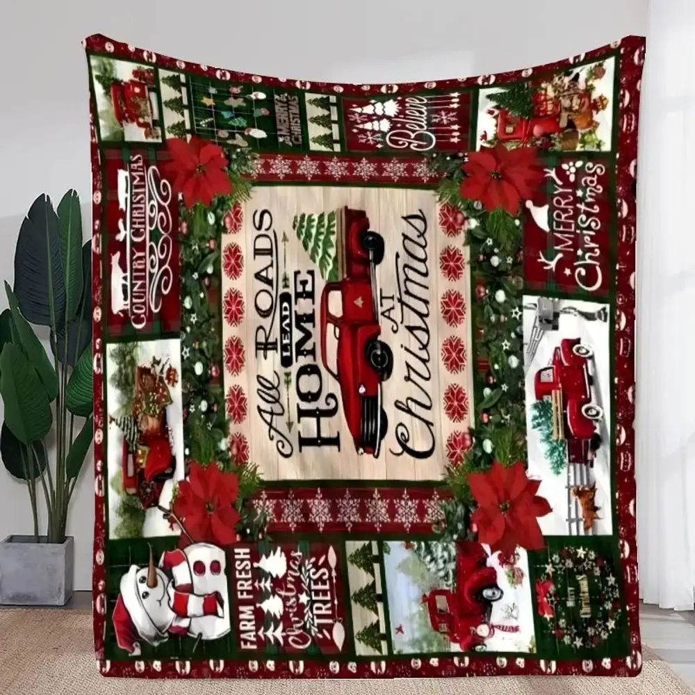 Cozy Christmas Quilt Blanket - All Roads Lead Home at Christmas with Vintage Red Truck Design, Soft Festival Throw for Holiday G
