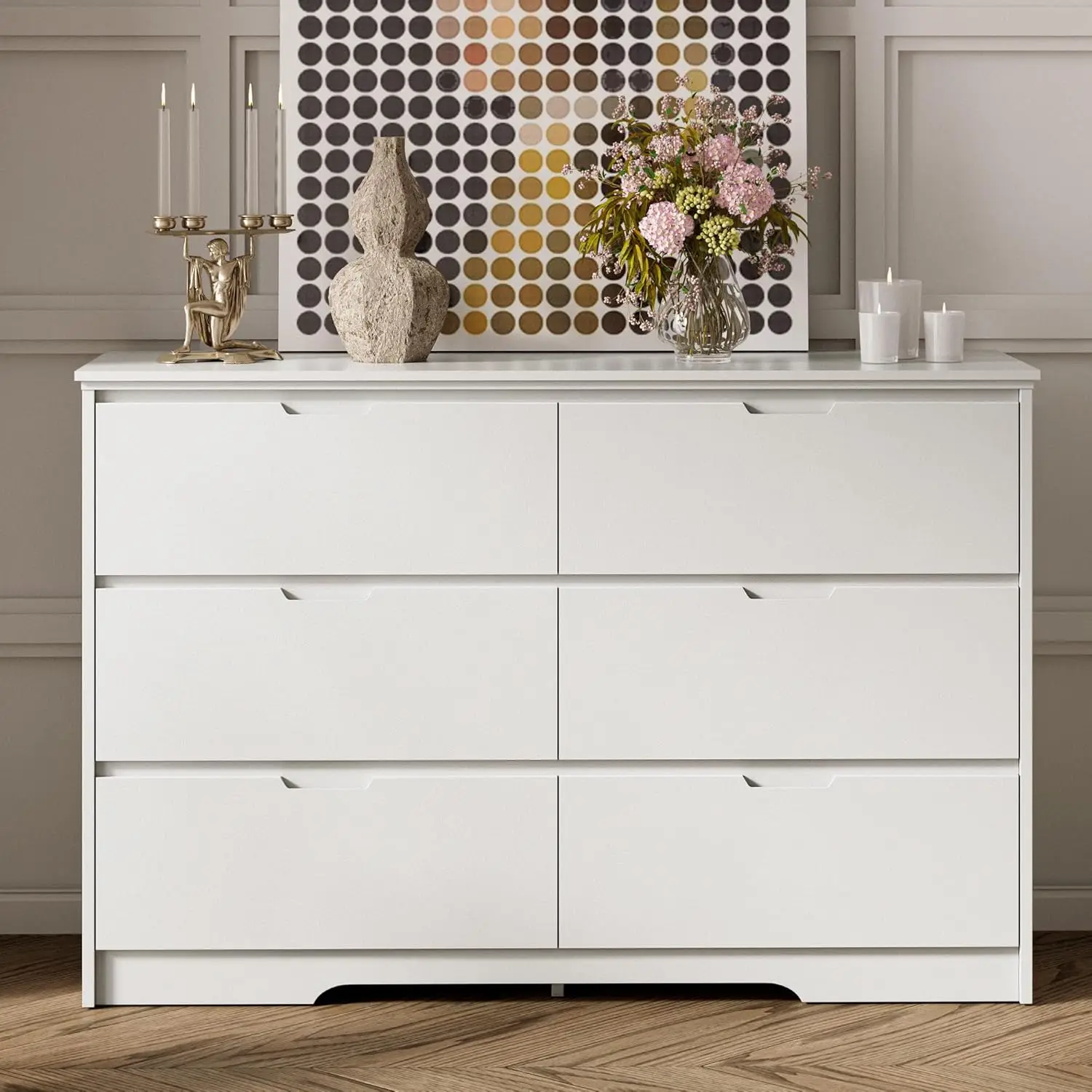 6-Drawer White Dresser, Modern Wood Chest with Hidden Handles, Deep Drawer Storage for Bedroom, Hallway