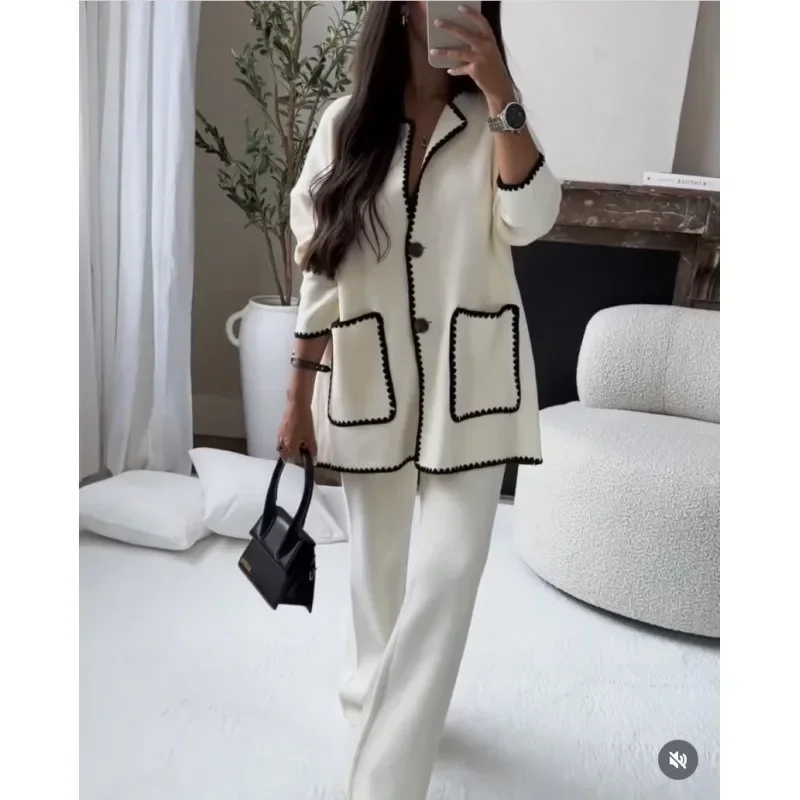 Elegant Chic Female 2024 Fashion Long Sleeve Pocket Coat Loose Pants Suit Outfits Streetwear Autumn Women Woolen Two Piece Set