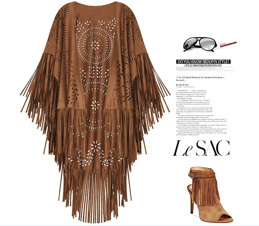 Women's Bohemian Suede Poncho - Autumn Floral Pattern with Fringes & Pom-Poms, Oversized Cardigan Cape
