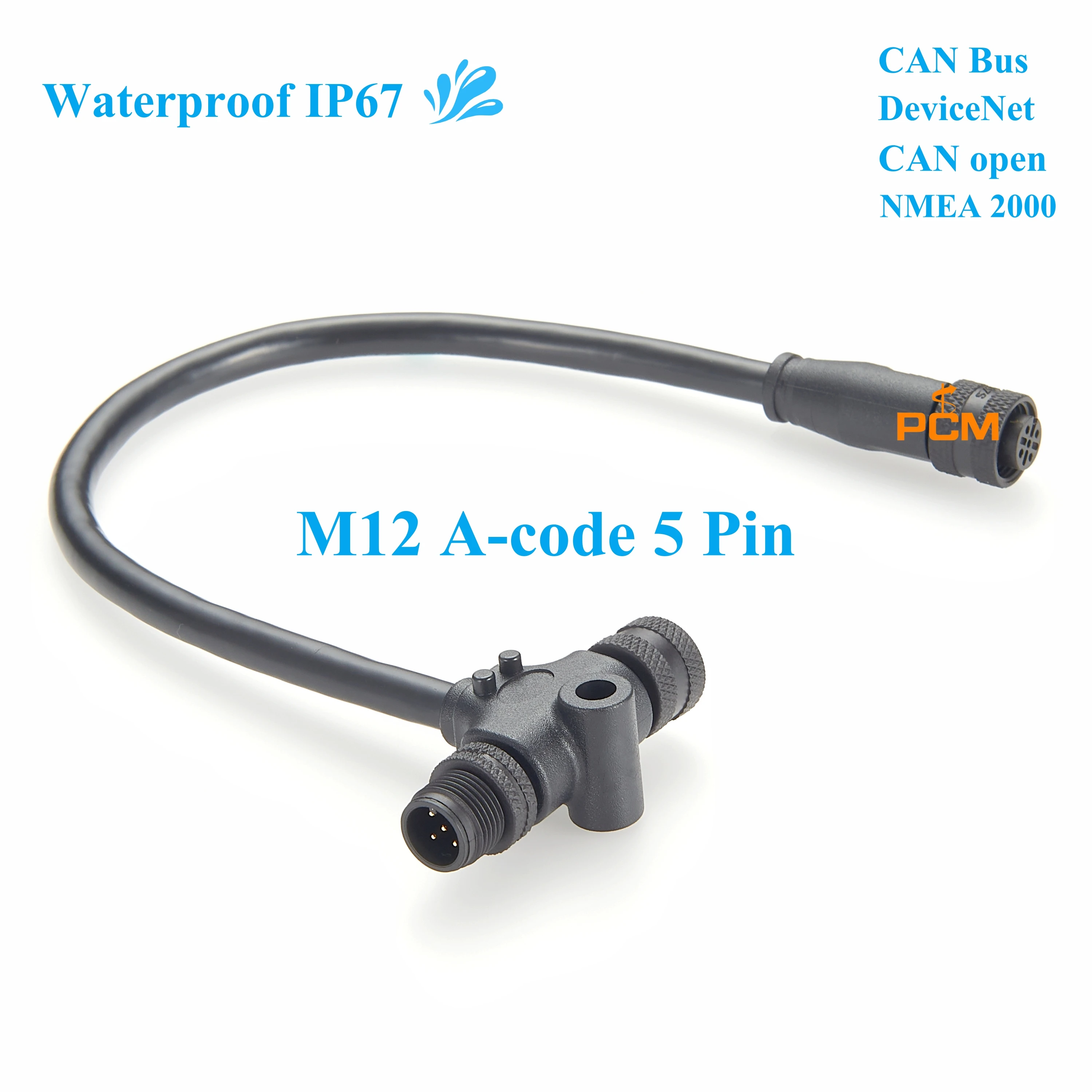 IP67 Waterproof 5 pin M12 A-coded Tee Connector Backbone Cable for Sensor Actuator CANopen Ethernet DeviceNet CAN bus EtherCAT