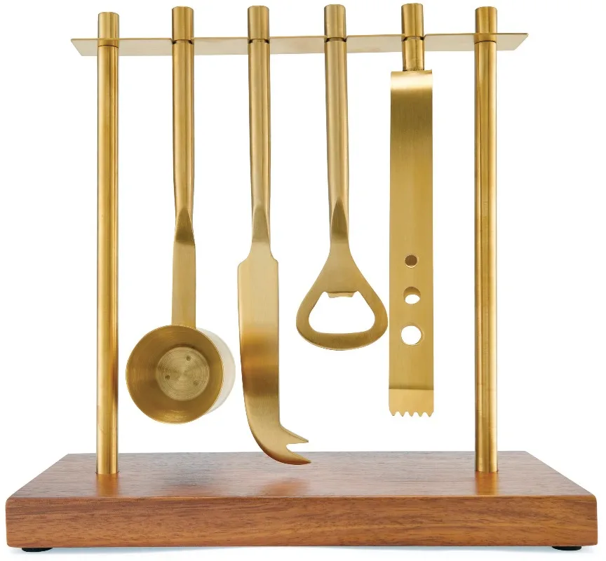 Luxury Gold Stainless Steel Bar Tool Set of 4 with Wooden Base for Home and Bar Wine/Bottle/Cocktail Accessories Boxes