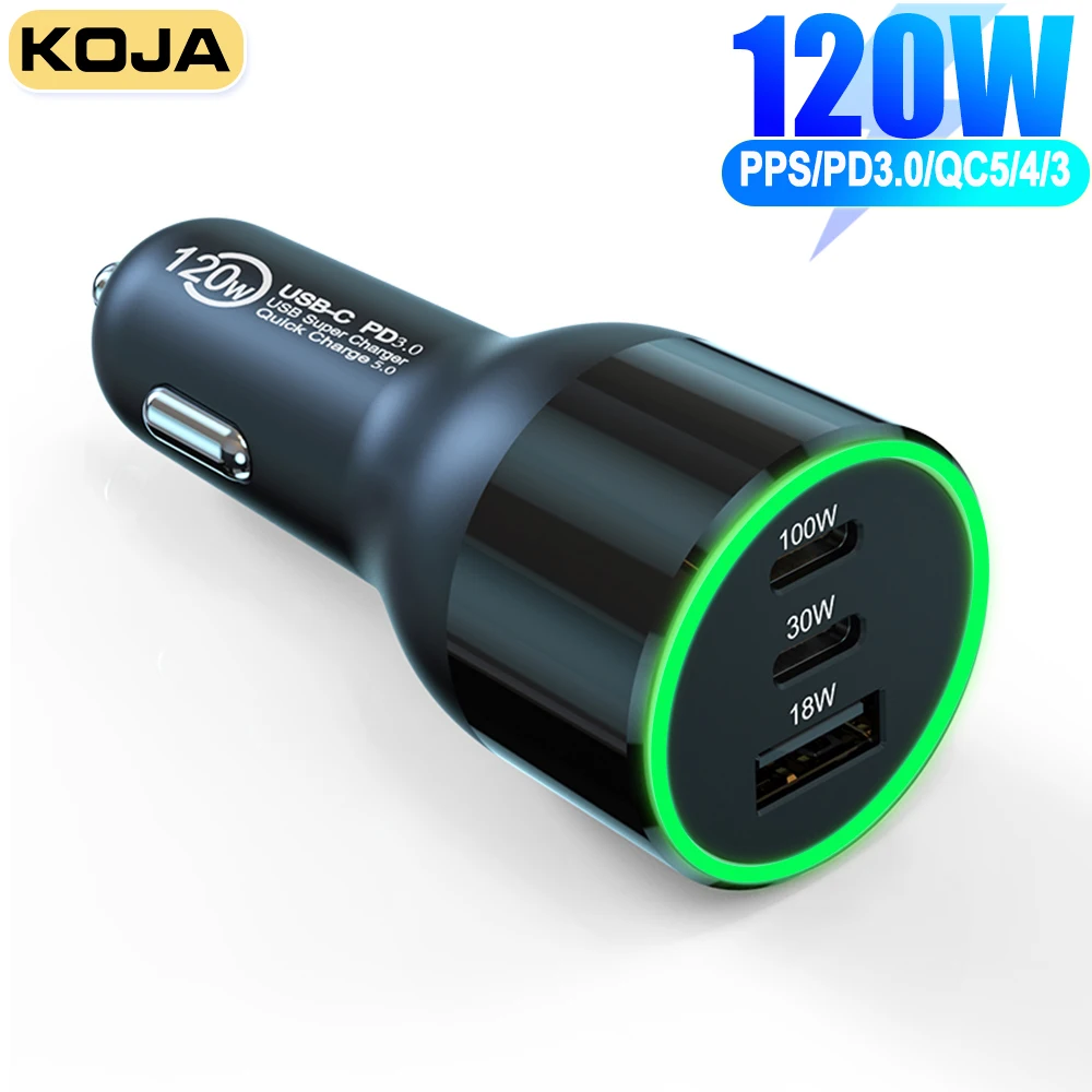 

KOJA 120W USB Car Charger Type-C Fast Charge Adapter PD 100W PPS 45W QC3.0 18W For MacBook Samsung S22 Iphone 14 Xiaomi 13 Phone