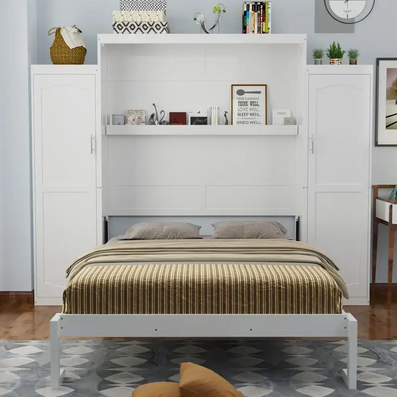 เตียงพับแบบมอร์ฟีขนาดเต็มพร้อมตู้เสื้อผ้า 2 ตู้และชั้นวางของ เตียงพับอเนกประสงค์สำหรับห้องพักแขกและห้องนอน