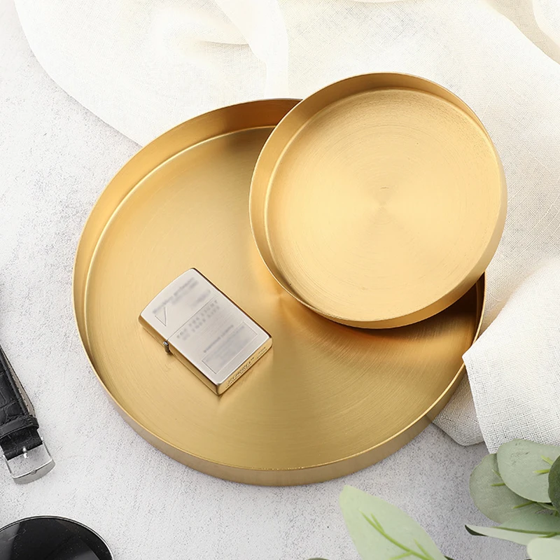 1PC Nordic Instagram Style Light Luxury Storage Disk Gold Stainless Steel Round Straight Edge Tray Cosmetic Jewelry Tea Plate