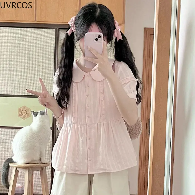 Pink Japanese Sweet Women Shirt Kawaii Cute Pleated Pan Collar Short Sleeve Lolita Blouses Y2k Aesthetic Fashion Blusas De Mujer