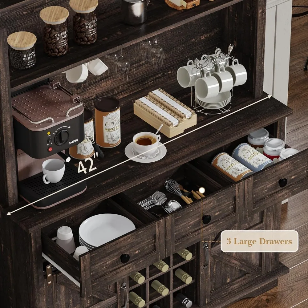 Шкаф для кофе-бара в фермерском доме с 3-уровневым хранилищем, 63-дюймовый кухонный шкаф для хранения вещей с 3 ящиками, высокий кофейный бар с держателями, Wi