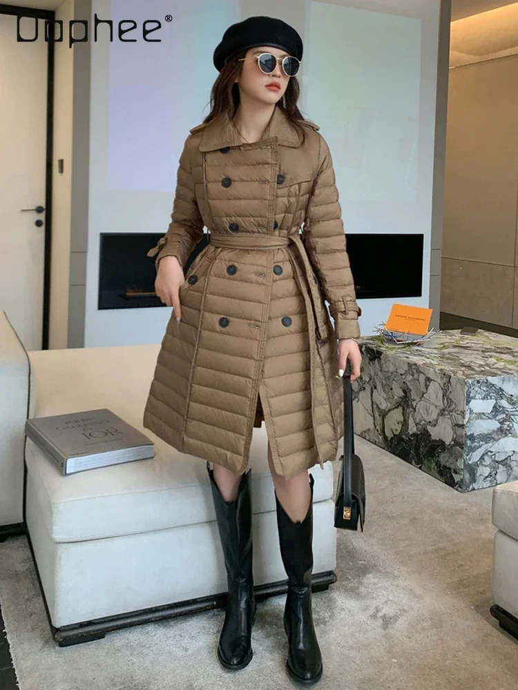 2024 Winter mode Daunen mantel mittellange zweireihige Revers Schnürung Taille Split Back Trench Down Jacke Chic Slim Casual