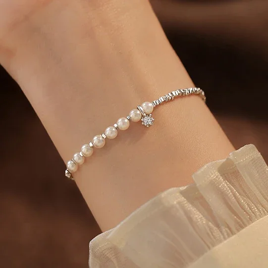 

Real 925 Sterling Silver Zircon Pearl Bead Round Charm Bracelets for Women Minimalist Trendy Fine Jewelry Accessories