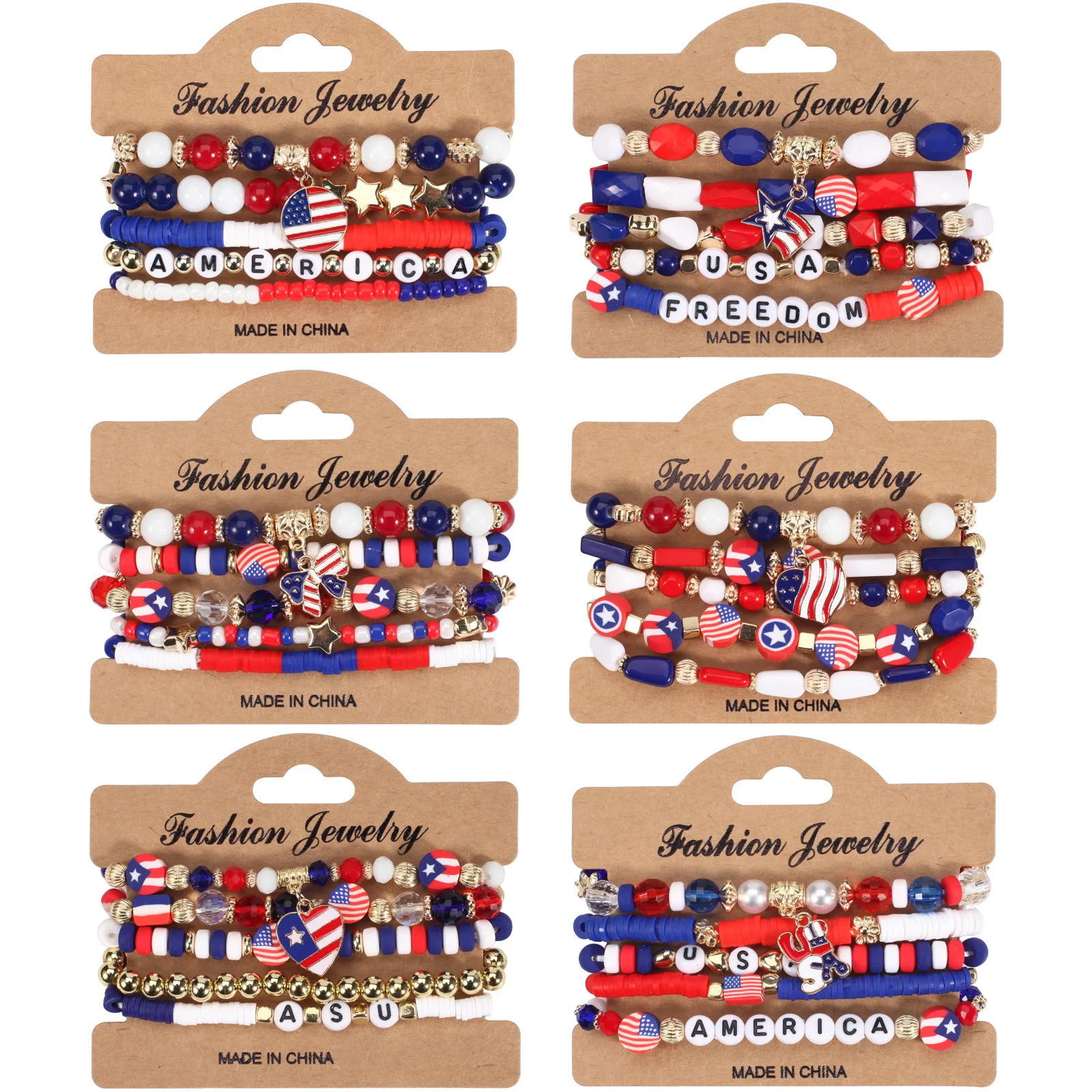 Yori Crystal Polymer Clay Beaded Bracelet American Flag Independence Day Bracelet Commemorative Holiday Gifts