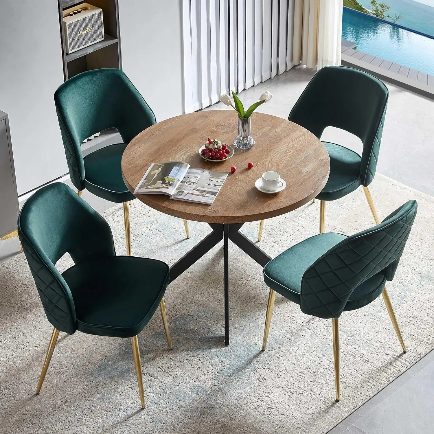 Nordicana 5-Pieces 37-Inch Dining Table Set For 4 - Space Saving Round Table And Chairs With 4 Seaters Velvet Upholstered