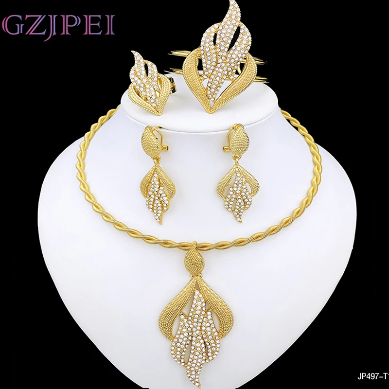 

Dubai Gold Color Jewelry Sets For Women Choker Necklace Set Full Jewelry Leaf Shape Pendant Wedding Party Accessories Wholesale