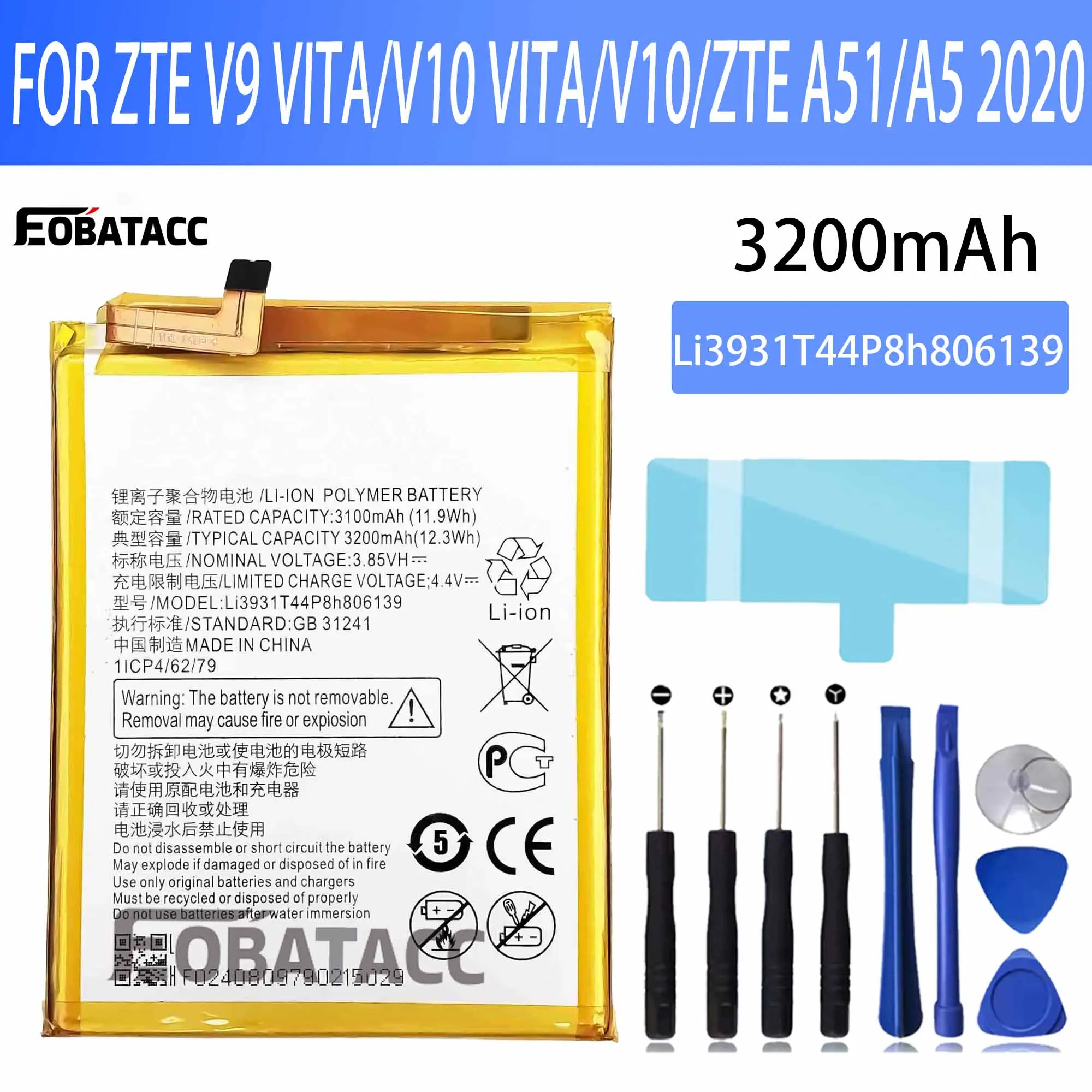 

EOTABACC 100% New Original Battery Li3931T44P8h806139 For ZTE "V9 VITA/V10 VITA/V10/ZTE A51 /A5 2020" Battery +Tools