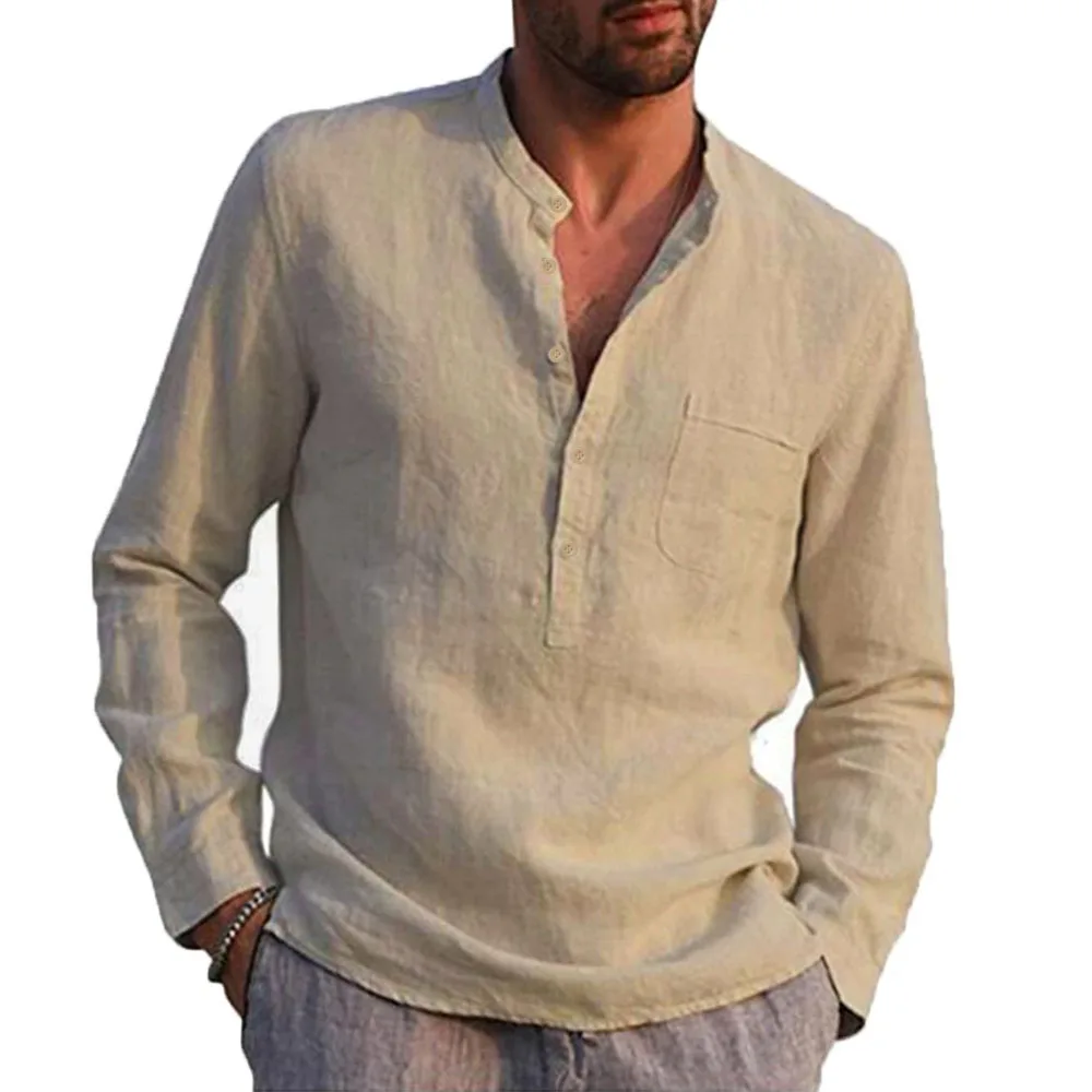 Summer Hot Sale Men\'s Cotton Line Shirts Long-Sleeved Solid Color Stand-Up Collar Tops Casual Beach Style Daily Breathable Wear