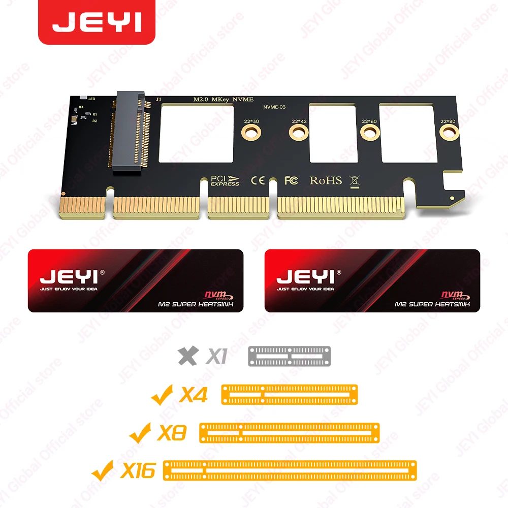 JEYI M.2 NVMe naar PCIe 4.0 X16 uitbreidingskaart 64Gbps Ondersteunt 4TB SSD MAX Compatibel met 2280/2260/2242/2230 NVMe SSD's