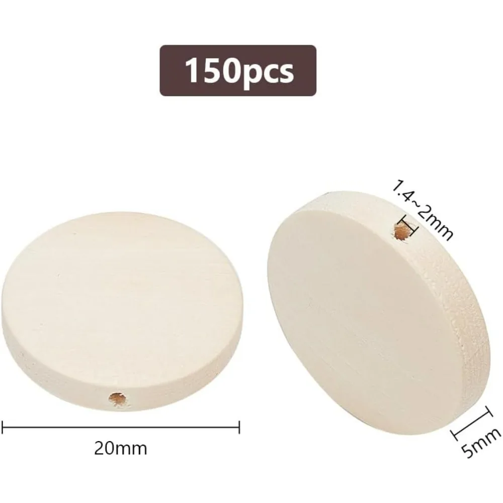 150pcs 0.8Inch Round Wood Coin Beads Discs with Hole Unfinished Natural Flat Circle Round Wooden Slices Cutouts Blank Wood Charm