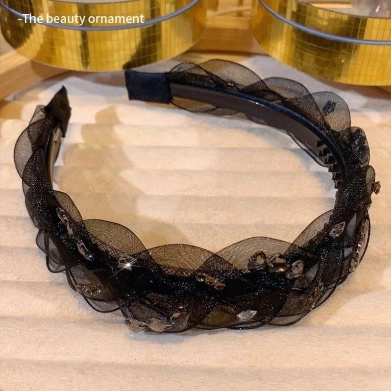 Advanced black gauze hair bands women\'s accessories for girls rhinestone fried dough twists headband with girl temperament clip