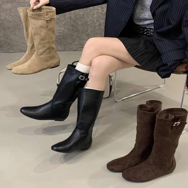 

Aneikeh/2026, зимние дизайнерские сапоги до колена с пряжкой и ремешком, женская обувь на низком каблуке, обувь в стиле панк с круглым носком, Botas Largas De Mujer
