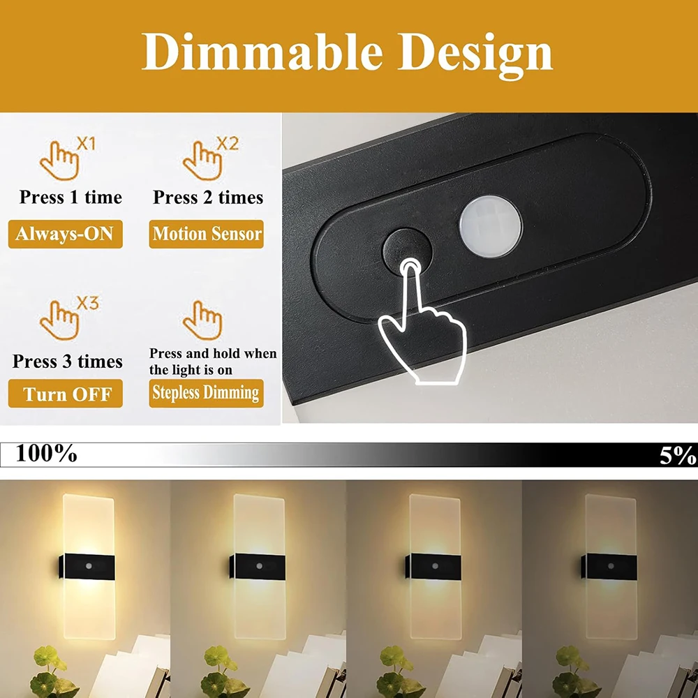Набор из 2 настенных бра, светодиодный светильник с датчиком движения для использования в помещении, перезаряжаемый на 1200 мАч для прихожей, лестницы, шкафа на крыльце, современное бра