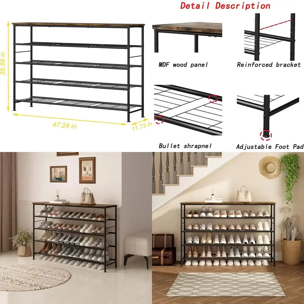 

5-Tier Metal Mesh Shoe Organizer with MDF Top for Entryway, Hallway, Closet, Bedroom, Living Room - Black & Rustic Brown, Large