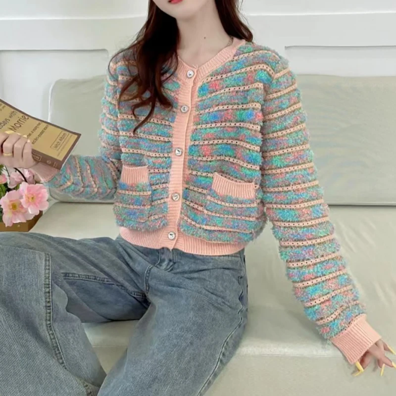 Autumn Winter Striped Long Sleeved Sweater For Women 2024 New Sweet Round Neck Knitted Cardigan Chic Contrast Color Loose Coat