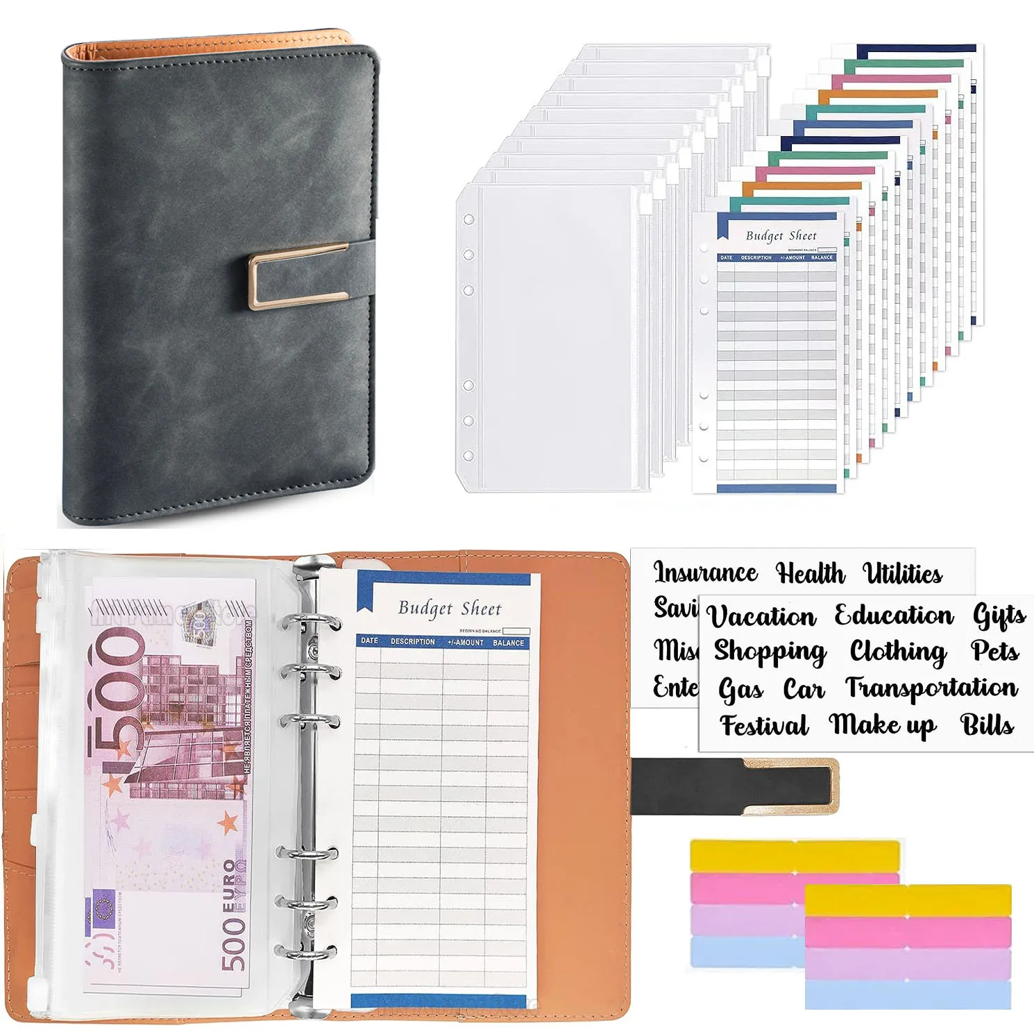 

2023 Budget Binder A6 PU Leather Notebook Cash Envelopes System Set Clip-On Binder Pockets For Money Saving Bill Organizer Gifts