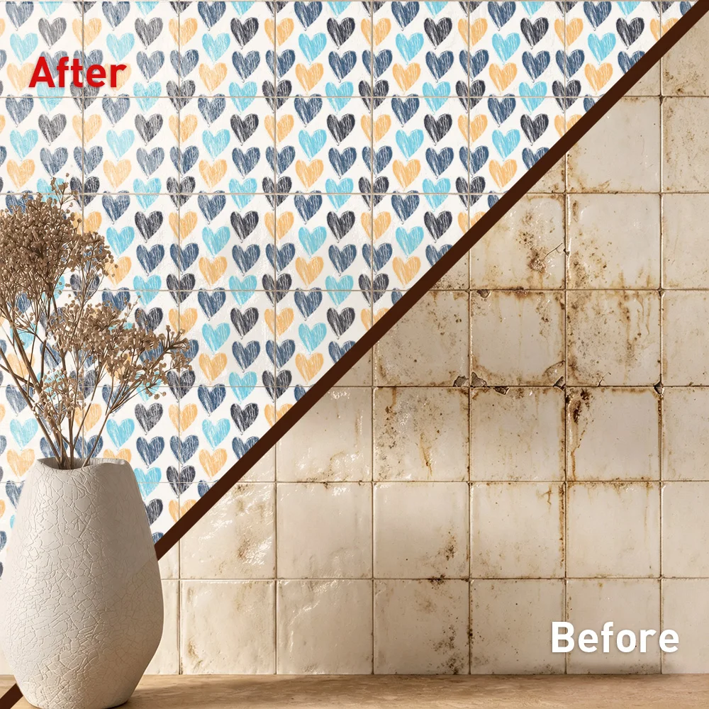 Bold Hearts Tile Stickers Waterproof Peel and Stick Self Adhesive Oil Proof Backsplash Decals Floral Wallpaper for Quartet Decor