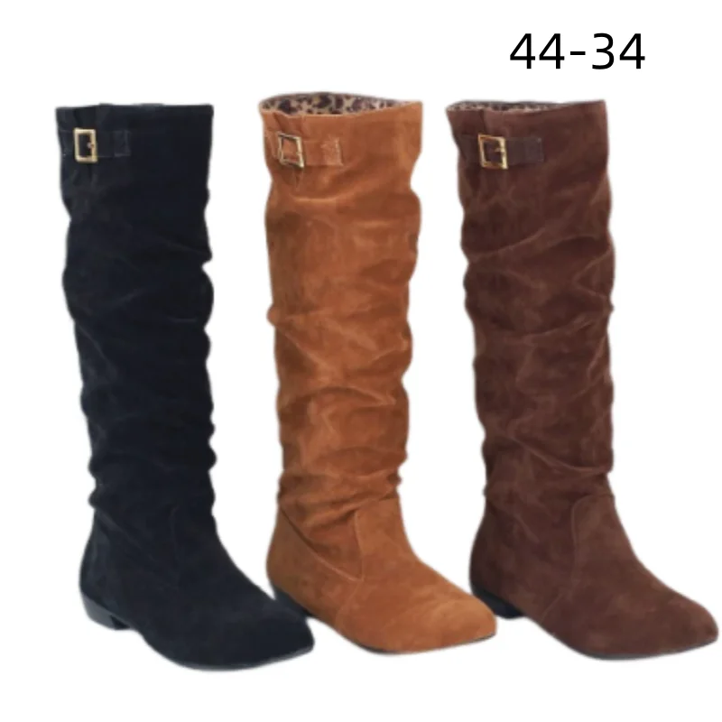 Lady Spring Knee High Boots Buckle Strap Brown Yellow Black Long Flock Botas Wide Fits Shoes 44 43 42 2026 New Product Round Tip