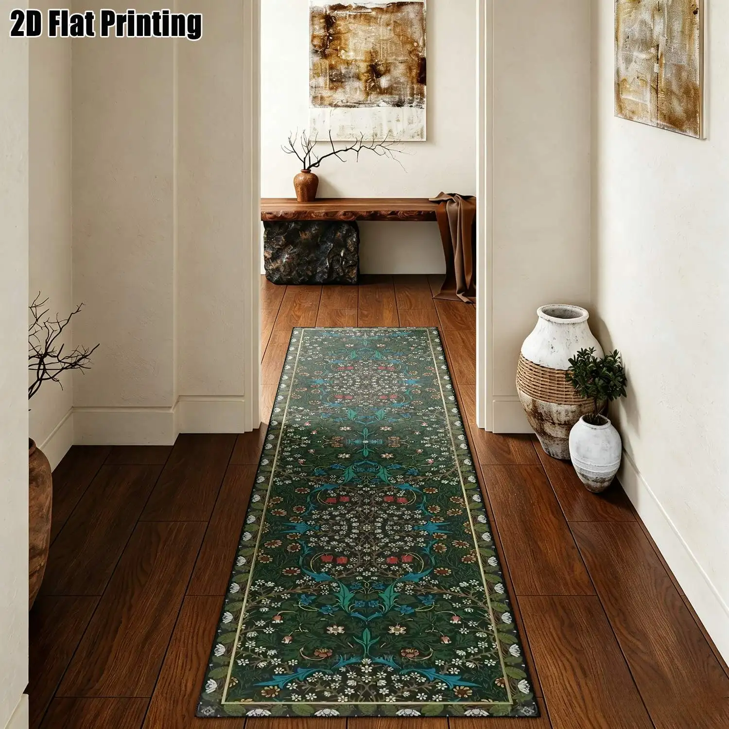 1Pc 2D Printed Strip-Shaped Runner Rug: Dark Green Floral&Fruit Nordic/Instagram/Modern Minimalist/European Style, Home Decor, Multiple Sizes, Machine Washable, for Hallway, Entrance, Living Room, Bedroom