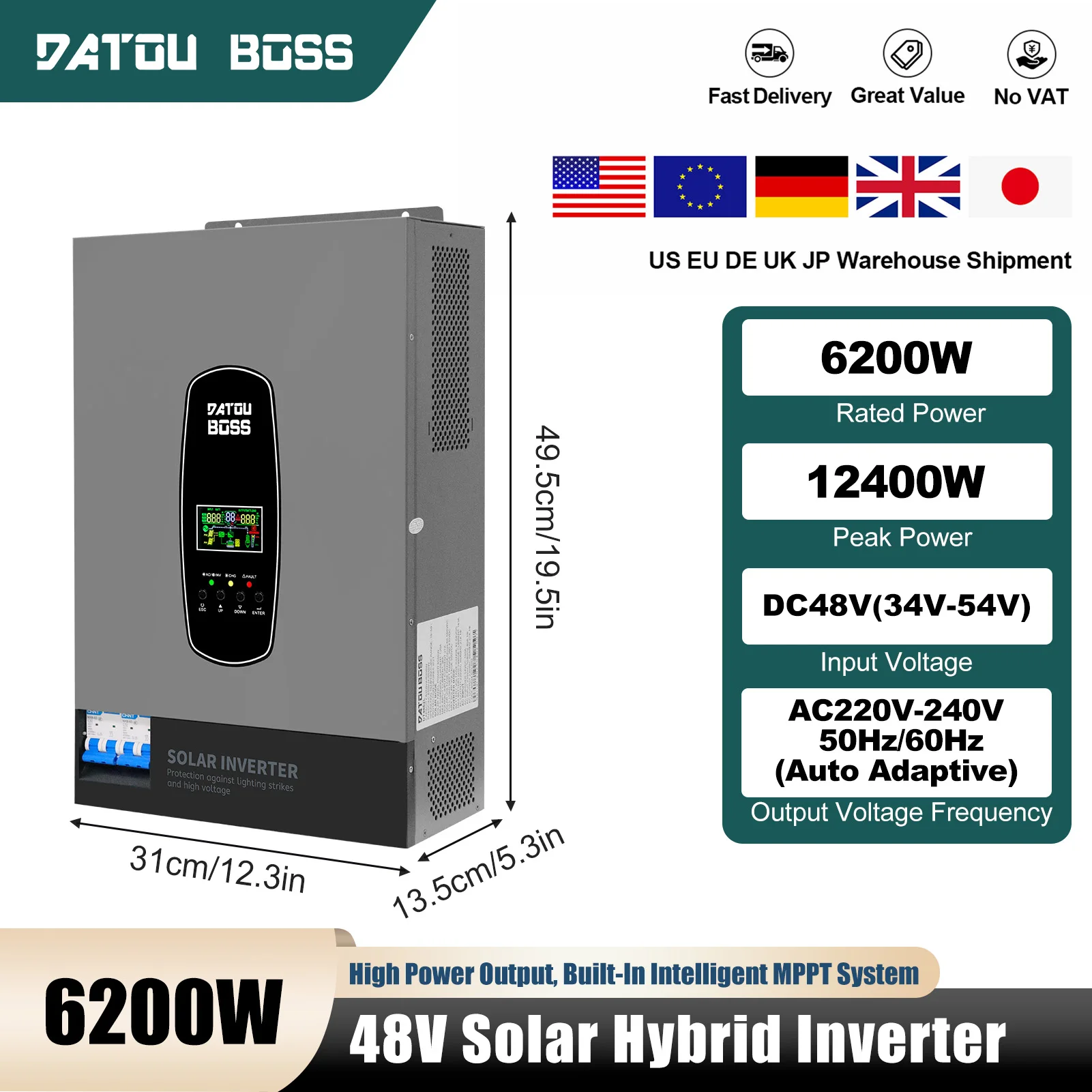 DATOUBOSS 6200W PureSineWaveInverter unterstützt GridBatterySolarPanel ConnectionCircuitBreaker Protection 48VSolar Hybrid Inverter