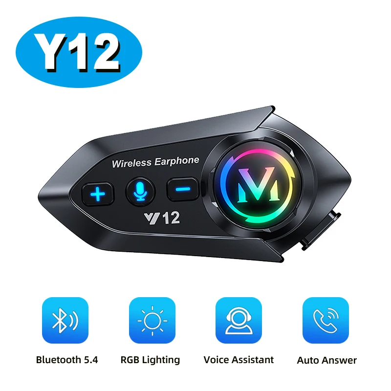 

Y12 Motorcycle Helmet Headset Connect 2 Phones CVC Noise Reduction IP56 Waterproof RGB Light Auto Answer HD Sound MP3 FM Radio
