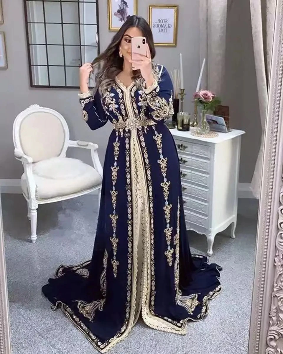 Blue Moroccan Caftan Formal Evening Dresses A-line Long Sleeves Appliques Prom Dresses Arabic Party Dresses Customized
