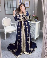 Blue Moroccan Caftan Formal Evening Dresses A-line Long Sleeves Appliques Prom Dresses Arabic Party Dresses Customized