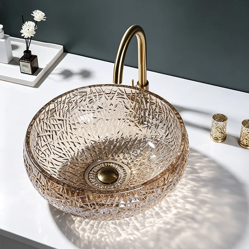 Champagne-Colored Glass Countertop Basin, with a Simple and Elegant Round Shape, the Light Passes through the Basin Body to Reflect Dynamic Light and Shadow, Creating a Rich Atmosphere. the Three-Dimensional Ice-Crack Design Adds More Layers of Light and Shadow, Making It an Ideal Choice for Modern Bathroom Fixtures, Suitable for Dressing Rooms, Vanity Tables, and Home Bathroom Sinks, and Can Be Matched with Various Decor Styles (Accessories Not Included)