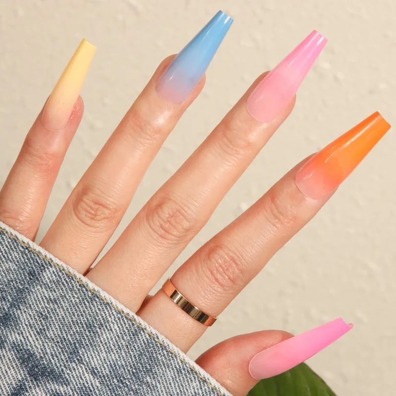 24 Pcs Multicolor Gradient Fake Nails Set Long Simple Press on Nails Acrylic Supplies Reusable Adhesive Nail Tips with Tools