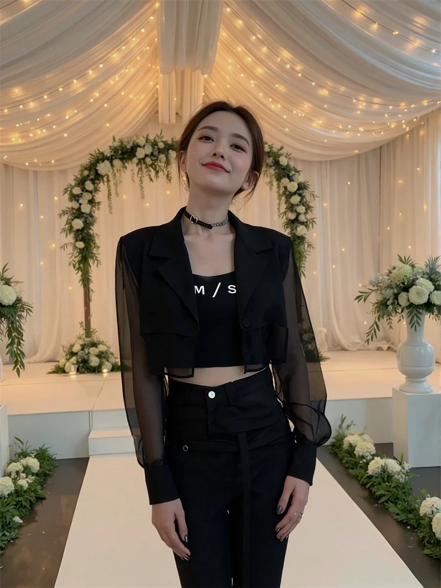 Blazer court transparent résistant au soleil avec fente au dos, vêtements élégants pour femmes, motif Extra-long plissé, doré, solide, carrière