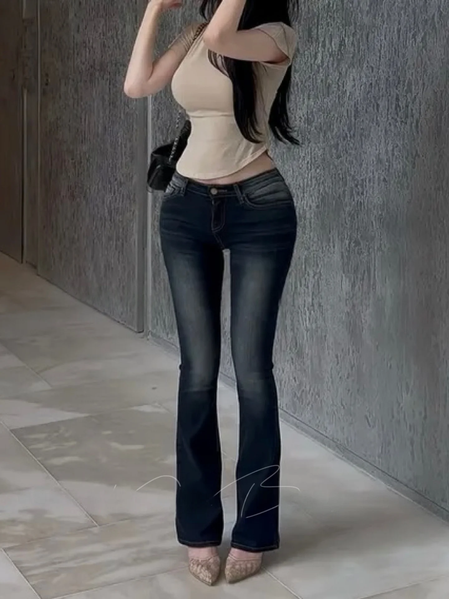 

Retro Spicy Girl Deep Blue l Flared Jeans Women's Slimming High Waist Cotton Stretch Denim High Waist Bell Bot