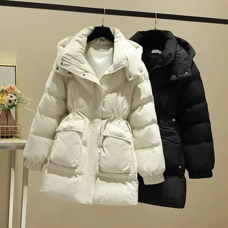 

Women Cotton Jacket Parkas Coat Hooded Thick Outerwear Puffer Padded Overcoat Drawstring Windproof Covered Button Zipper Winter