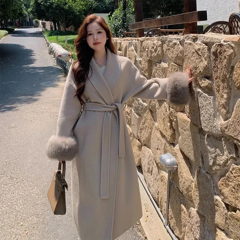 New Natural Fox Fur Thick Double-sided Wool Coat Female Short Autumn Winter Loose Lace-up Woolen Coats Women Fashion Overcoats