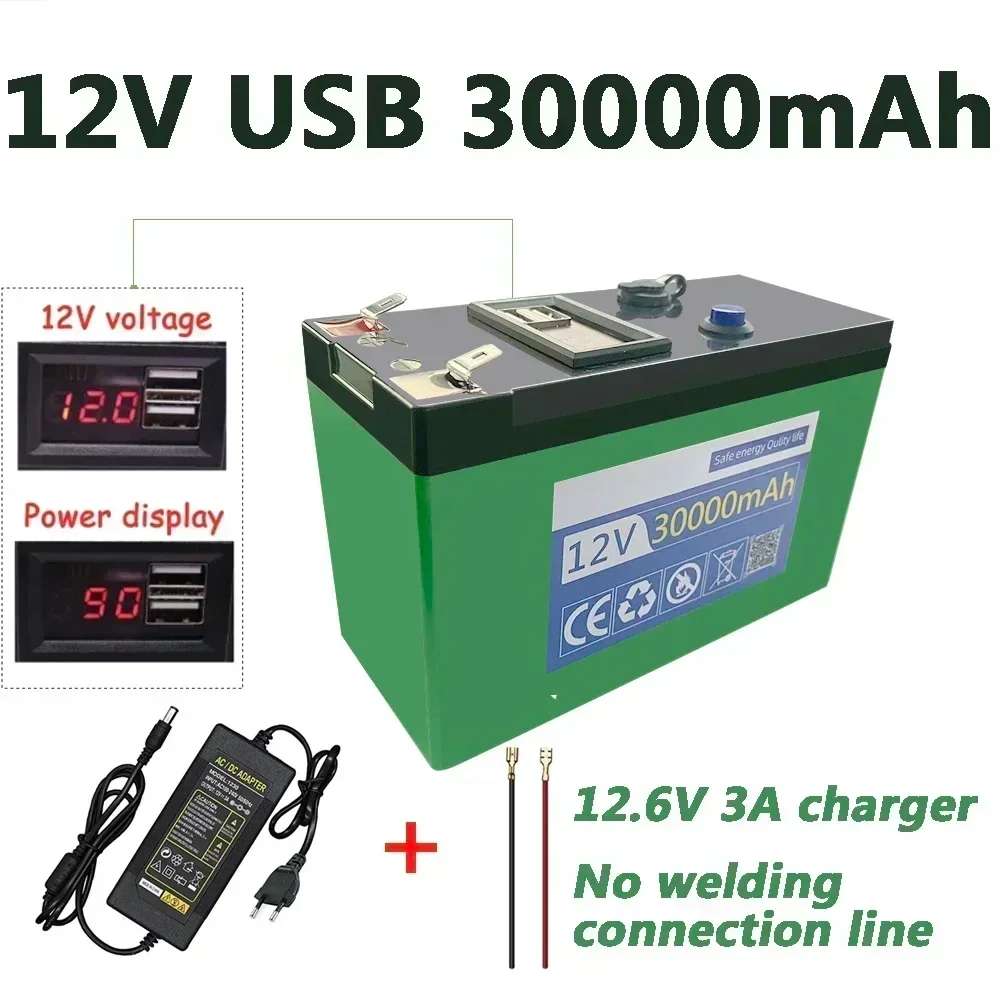 12V lithium Battery 30Ah 18650 Rechargeable battery pack for solar energy electric vehicle LED lights battery 12.6v 3A charger